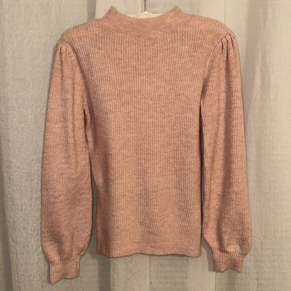 Nanette Lepore XS Blush Pink Puff Sleeve Fine Knit Mock Neck Pullover Sweater - Picture 2 of 12